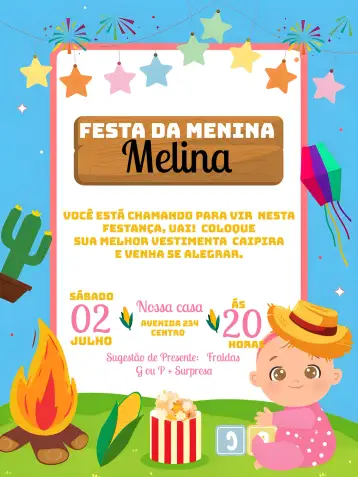 Convite João's Menina Hoedown para baby shower for girls – tema commemorative dates (junina, colorful, country-style, feminine, vibrant)