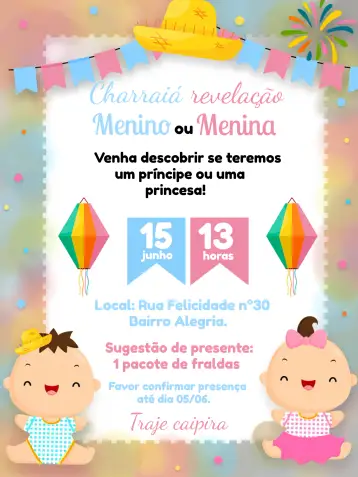 Convite Charraiá Gender Reveal June/July Party para gender reveal to celebrate the baby's arrival. – tema gender reveal (junino, colorful, cheerful, themed, vintage, modern)