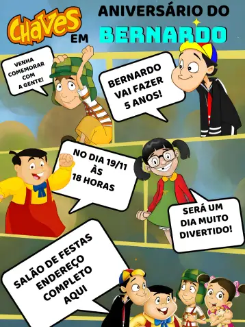 Convite Chaves Amarelo para ideal para festas de aniversário e chás de bebê. – tema mais pesquisados (amarelo, moderno, divertido, elegante, vibrante)