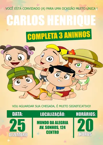 Convite Chaves Baby Chiquinha para kids birthday – tema kids' birthday party (colorful, fun, childish, themed, vintage, playful)