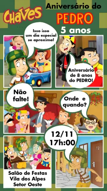 Convite Chaves para aniversário infantil – tema aniversário infantil (colorido, divertido, lúdico, infantil, temático)
