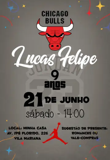 Convite Chicago Bulls NBA Basketball para kids birthday with basketball theme. – tema kids' birthday party (colorful, sporty, modern, dynamic, vibrant, themed)