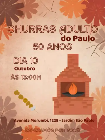 Convite Churrasco Adulto para aniversário adulto com tema de churrasco. – tema aniversário (moderno, colorido, descontraído, estilo tropical, gráfico divertido)