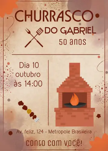 Convite Churrasco Adulto Carne para aniversário com festa de churrasco. – tema aniversário (rústico, moderno, colorido, descontraído, casual, tropical)