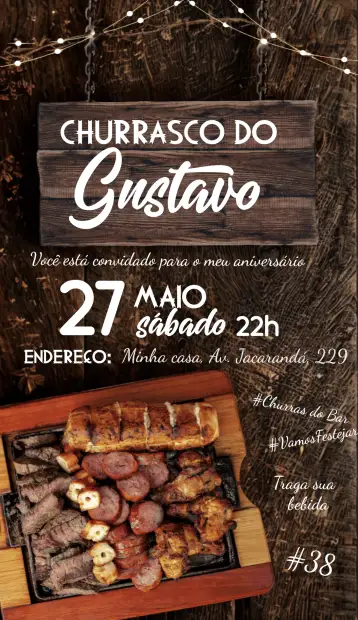 Convite Churrasco Boteco para aniversário com tema de churrasco e boteco. – tema aniversário (marrom, rústico, descontraído, vintage, elegante)