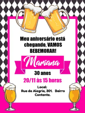 Convite Barbecue Boteco Pink Draft Beer para birthday with barbecue and boteco theme. – tema birthday (pink, pub, barbecue, festive, modern)