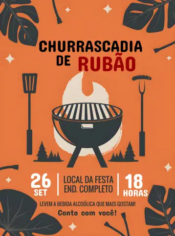 Convite Churrasco Carne para aniversário em clima de churrasco e confraternização. – tema aniversário (grelhado, vermelho e amarelo, moderno, descontraído, rústico, festa ao ar livre)
