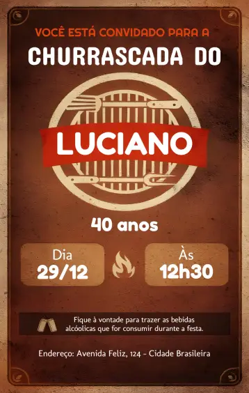 Convite Churrasco Cerveja para aniversário com tema de churrasco e cerveja. – tema aniversário (colorido, descontraído, moderno, rustico, estilo boho, tropical)