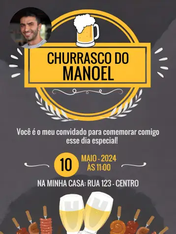 Convite BBQ With Malt Photo para adult birthday with barbecue theme. – tema birthday (chalkboard, modern, fun, black and yellow, brewery-themed, rustic)