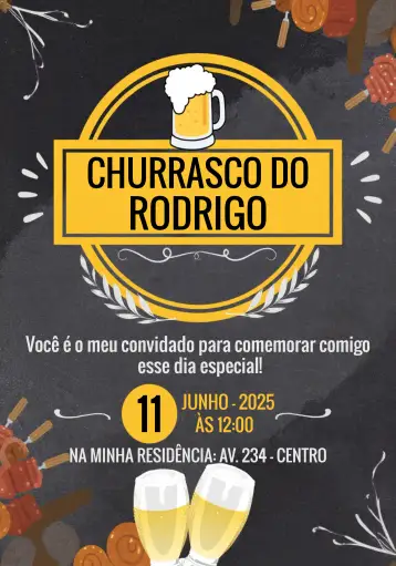 Convite Barbacoa Negra para cumpleaños de adultos que aman celebrar con estilo y desenfado. – tema cumpleaños (pizarra, moderno, elegante, rústico, negro y amarillo)