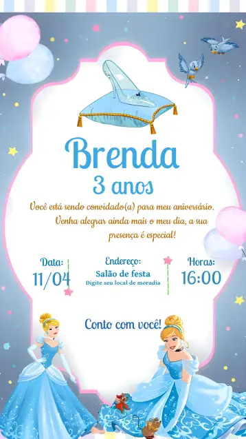 Convite Cinderela para aniversário infantil com tema de cinderela. – tema aniversário infantil (azul encantado, princesas, mágico, lúdico, colorido, infantil)