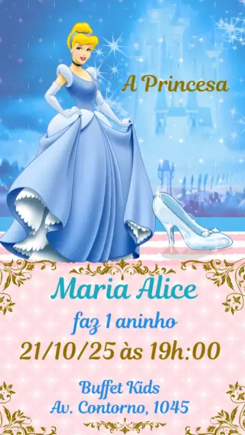 Convite Cinderela para aniversário infantil com tema de princesa. – tema aniversário infantil (azul claro, dourado, estrelas, estilo conto de fadas, elementos de realeza, ilustrações de princesas)