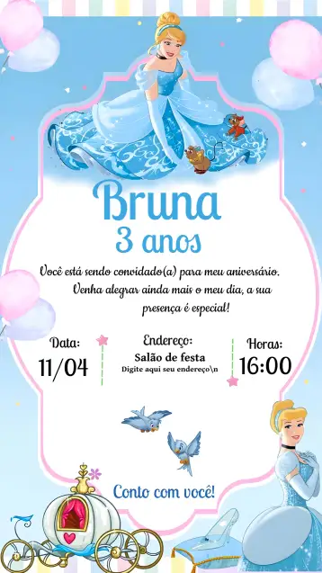 Convite Cinderela Azul para aniversário infantil com tema de princesa. – tema mais pesquisados (azul suave, estilo Disney, elementos de conto de fadas, detalhes brilhantes, design encantador, toque mágico)