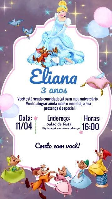 Convite Cenicienta Azul para cumpleaños infantil – tema más buscados (azul, rosa, fantasía, princesa, mágico, divertido)