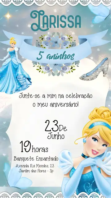 Convite Cinderela Disney para aniversário infantil com tema cinderela. – tema mais pesquisados (azul, glitter, princesa, Disney, mágico, infantil)