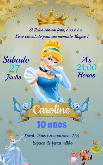 Convite Cinderela Festa para aniversário infantil com tema cinderela. – tema mais pesquisados (azul, dourado, brilho, feminino, temática Disney, realeza)
