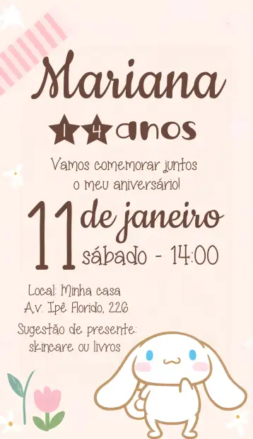 Convite Cinnamonroll Hello Kitty Infantil para aniversário infantil – tema cumpleaños infantil (colores pasteles, estilo lúdico, elementos gráficos de personajes, diseño divertido, tema de jardín, ambiente alegre)