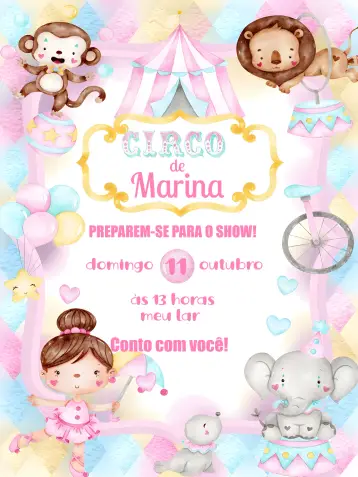 Invitación Circo Aquarela editable y personalizable