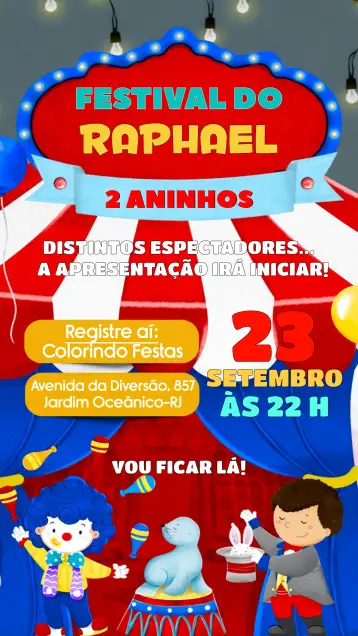 Convite Circo Colorido para cumpleaños infantil con tema de circo. – tema más buscados (colorido, divertido, ilustraciones de circo, vibrante, alegre, infantil)