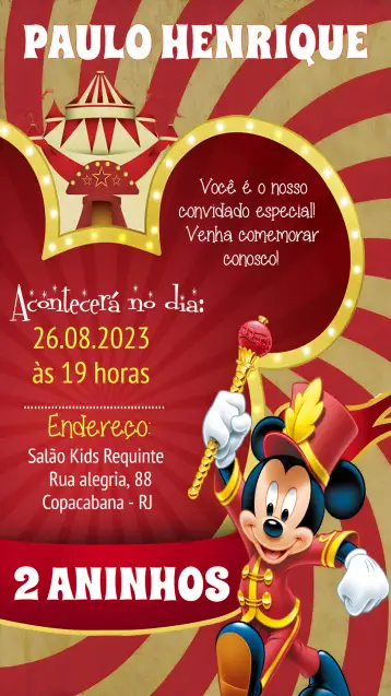 Convite Circo Do Mickey Mouse para aniversário infantil. – tema aniversário infantil (vermelho, azul, colorido, divertido, temática de circo, infantil)