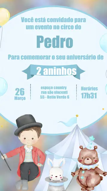 Convite Circo Menino para aniversário infantil – tema cumpleaños infantil (acuarela, circense, azul, divertido, colorido)