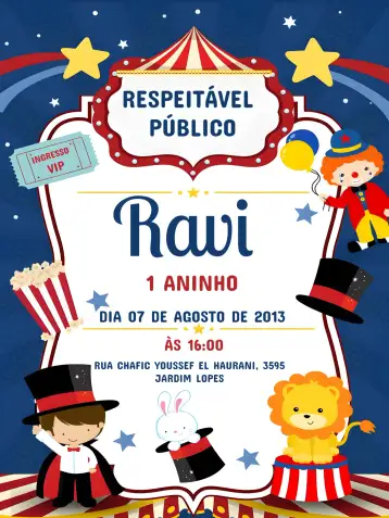 Convite Circo Niño para cumpleaños infantil. – tema más buscados (colorido, divertido, ilustraciones de circo, juguetón, festivo)