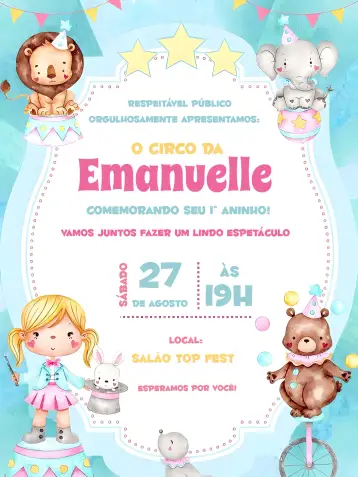 Convite Circo Rosa Infantil para aniversário infantil – tema aniversário infantil (rosa, divertido, lúdico, colorido, circense)