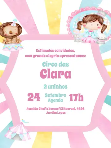 Convite Circo Rosa Menina editável e personalizável