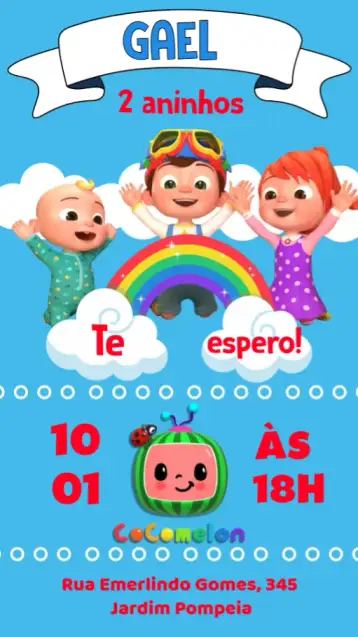 Convite Cocomelon para aniversário infantil – tema cartão (colorido, divertido, infantil, vibrante, temática de desenho, lúdico)