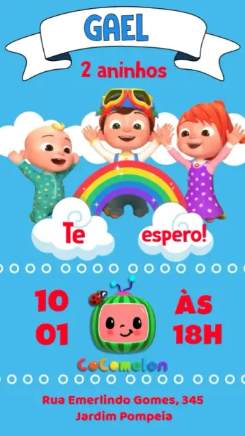 Convite Cocomelon para aniversário infantil – tema cartão (colorido, divertido, infantil, vibrante, temática de desenho, lúdico)
