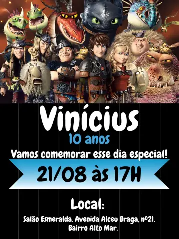 Convite Como Treinar Seu Dragão Branco editável e personalizável