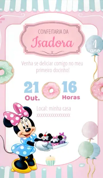 Convite Confeitaria Da Minnie Mouse Aquarela editável e personalizável
