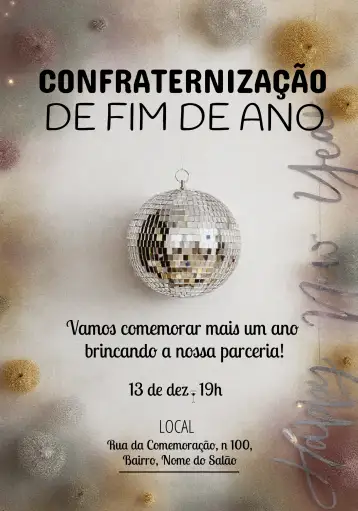 Convite Celebración de Fin de Año Dorado para confraternización de fin de año y celebración de año nuevo. – tema fechas conmemorativas (dorado, plata, festivo, elegante, moderno, brillante)