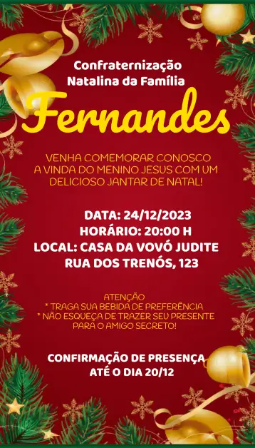 Convite Christmas Celebration Party para christmas celebration and year-end festivities. – tema commemorative dates (red, festive, Christmas-themed, cheerful, colorful)