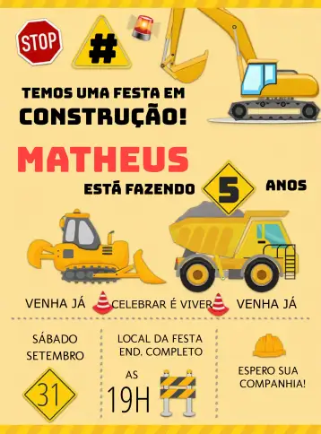 Convite Construcción Camiones para rifa té infantil con tema de construcción y camiones. – tema té rifa (camiones, construcción, colores vibrantes, estilo infantil, elementos gráficos)