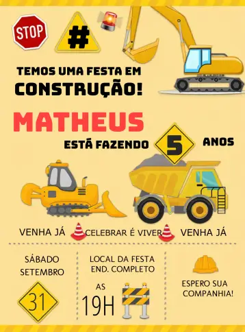 Invitación Construcción Camiones editable y personalizable