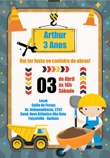 Convite Construção Colorido para chá de rifa para festas infantis com tema de construção. – tema chá rifa (colorido, divertido, infantil, construção, moderno)