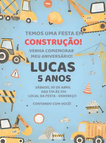 Convite Construção Pedras editável e personalizável