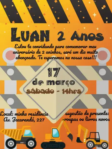 Convite Black Construction para kids' raffle tea with construction theme. – tema raffle tea (construction, colorful, fun, themed, childlike)