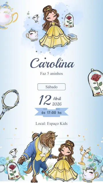 Convite Convite Aniversário a Bela e a Fera editável e personalizável