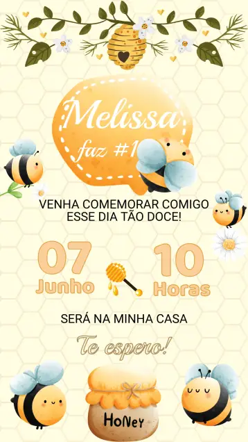 Convite Convite Aniversário Abelhinha editável e personalizável