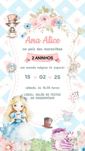 Convite Convite Aniversário Alice no País das Maravilhas editável e personalizável
