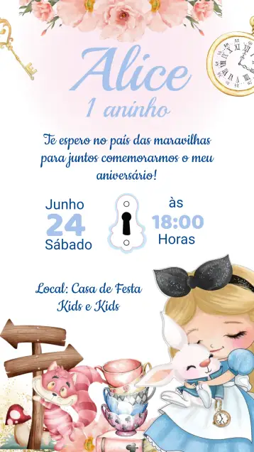 Convite Convite Aniversário Alice no País das Maravilhas para aniversário infantil – tema aniversário infantil (cores vibrantes, estilo lúdico, elementos de fantasia, ilustrações detalhadas, design encantador, toque vintage)