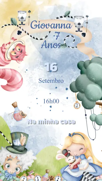 Convite Convite Aniversário Alice no País das Maravilhas editável e personalizável