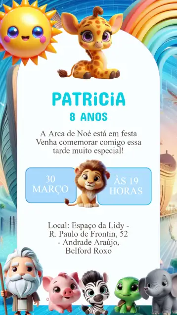 Convite Convite Aniversário Arca de Noé para aniversário infantil – tema aniversário infantil (colorido, divertido, lúdico, animal print, vibrante, infantil)