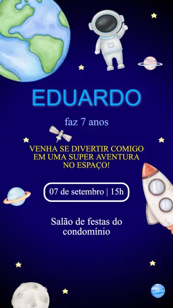 Convite Invitación Cumpleaños Astronauta para cumpleaños infantil – tema cumpleaños infantil (espacio, moderno, colorido, infantil, galáctico, exploratorio)
