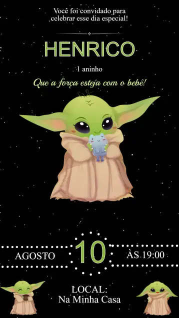Convite Convite Aniversário Baby Yoda editável e personalizável