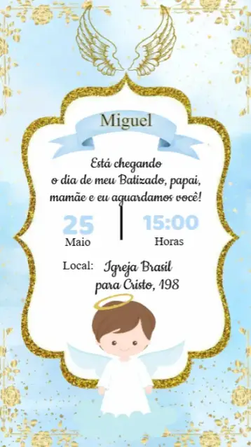 Convite Convite Aniversário Batizado para aniversário infantil e batizado. – tema batizado (azul e branco, tema nuvem, estilo minimalista, elementos lúdicos, design moderno, detalhes em dourado)