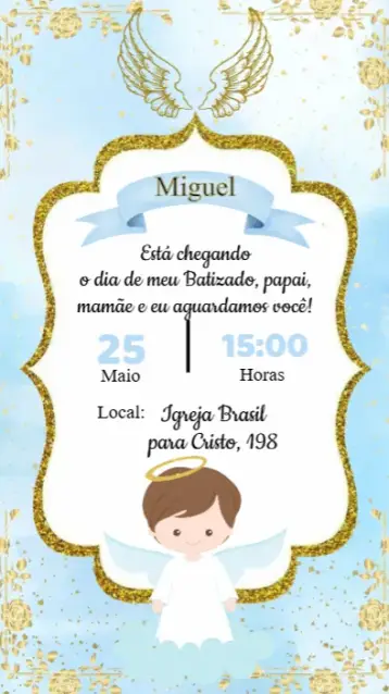 Convite Convite Aniversário Batizado para aniversário infantil e batizado. – tema batizado (azul e branco, tema nuvem, estilo minimalista, elementos lúdicos, design moderno, detalhes em dourado)
