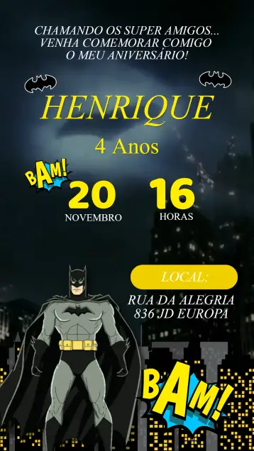 Convite Convite Aniversário Batman para aniversário infantil – tema aniversário infantil (sombrio, moderno, quadrinhos, estilo urbano, aventura, temática)
